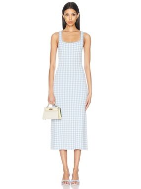 Staud Katie stretch knit midi dress in sky blue gingham print. Size S.